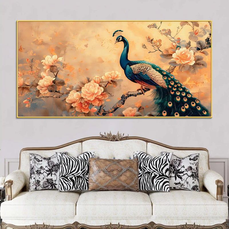 pleasant-peacock-resting-among-soft-peach-flower-branch-canvas-wall-painting