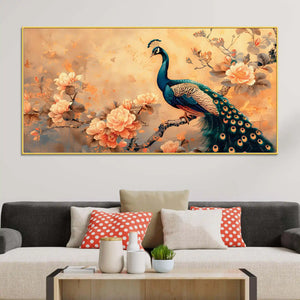 Pleasant Peacock Resting Among Soft Peach Flower Branch Canvas Wall Painting