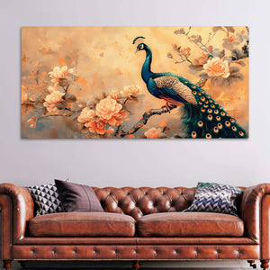 Pleasant Peacock Resting Among Soft Peach Flower Branch Canvas Wall Painting