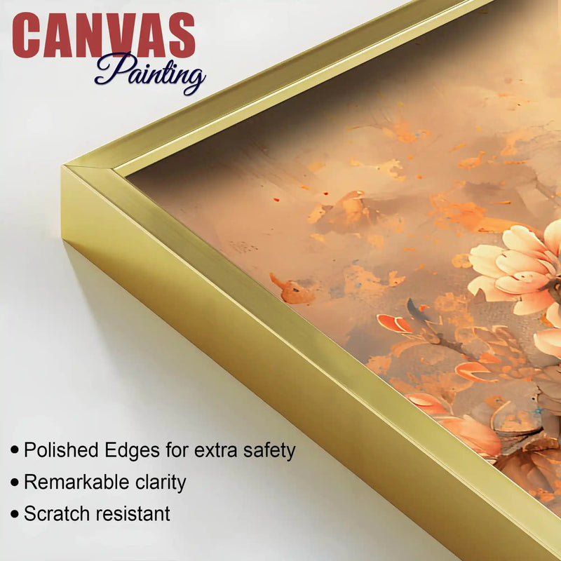 Pleasant Peacock Resting Among Soft Peach Flower Branch Canvas Wall Painting