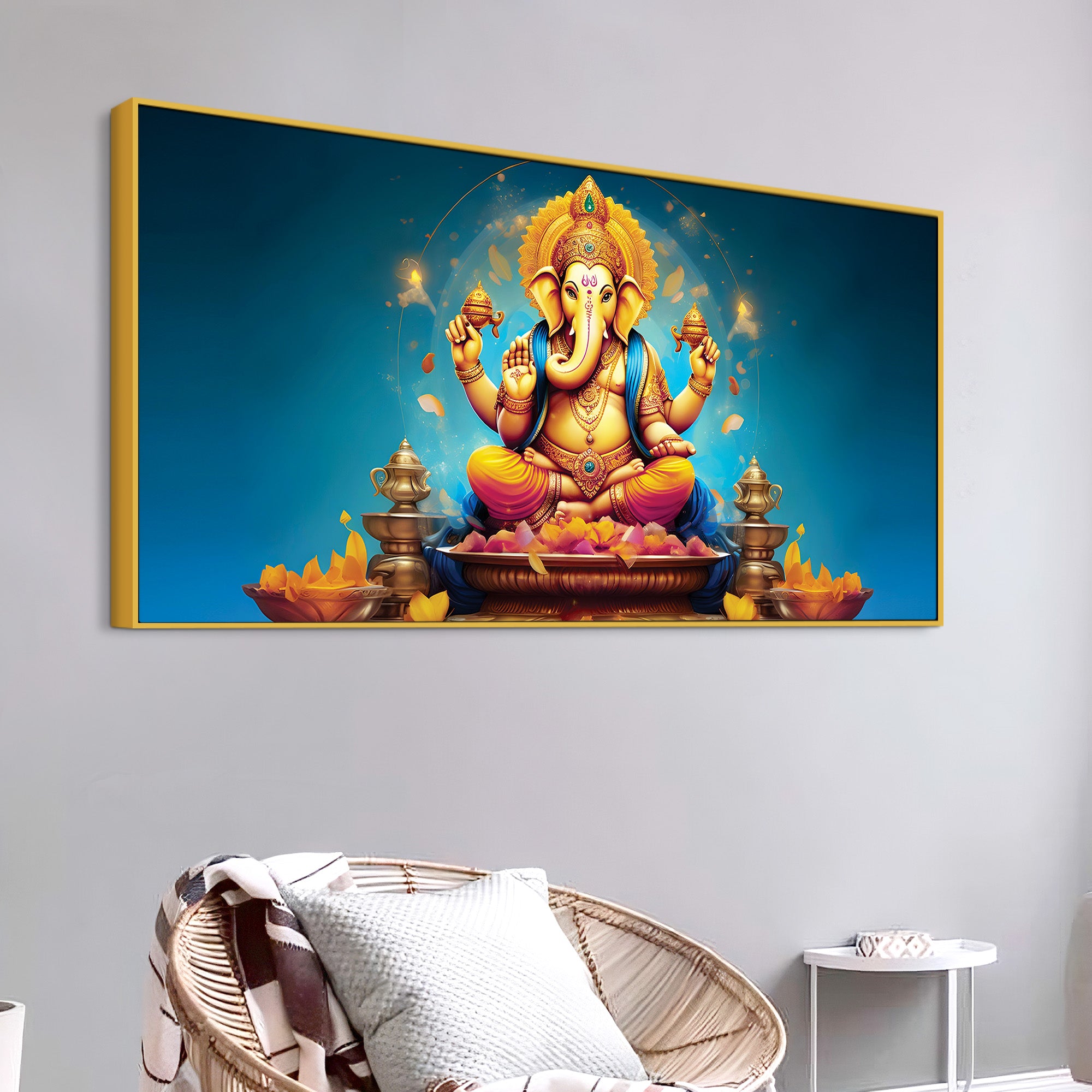 Pleasing Lord Ganpati Bappa Spiritual Canvas Wall Painting for Home & Temple – Premium Devotional Wall Art