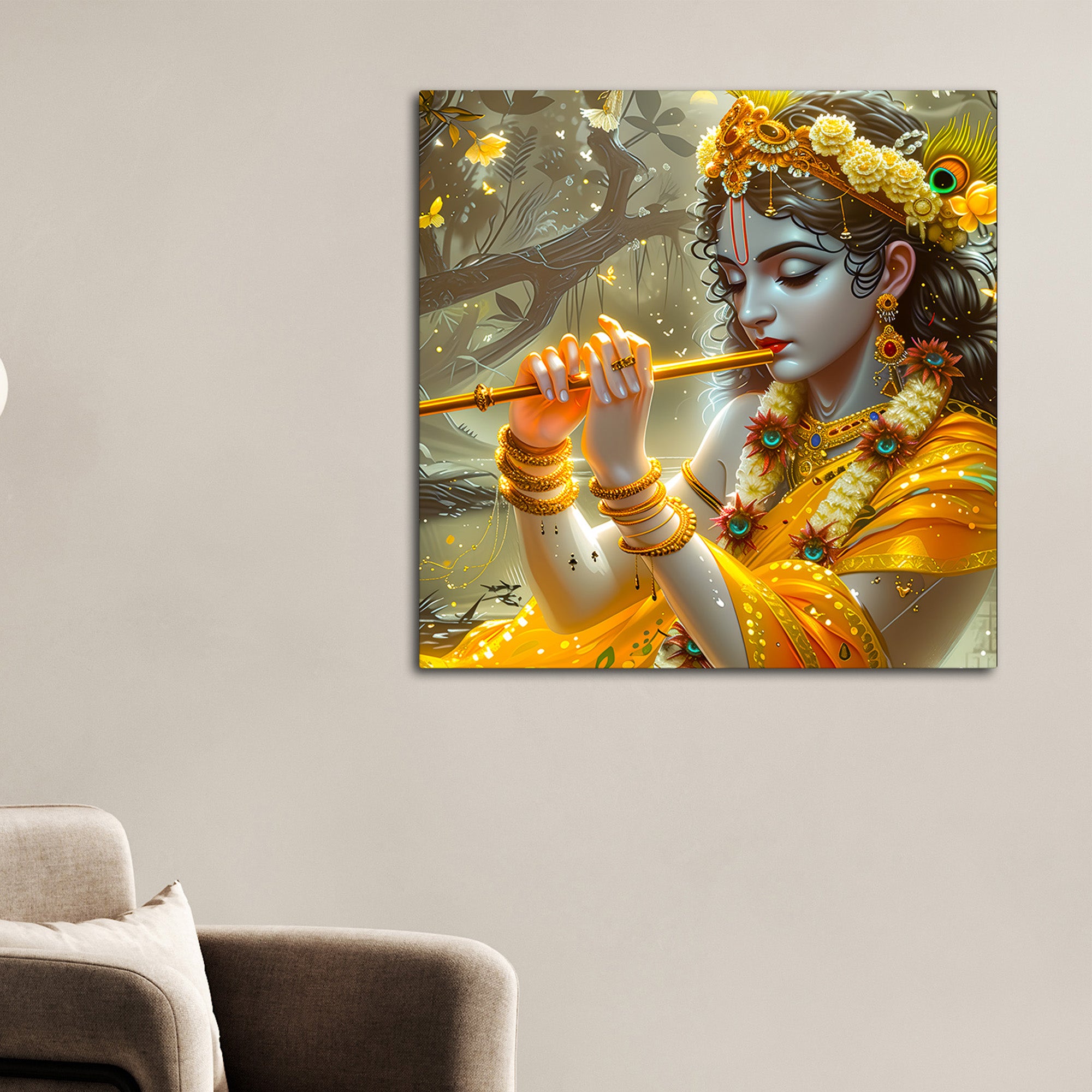 Pleasing Lord Shri Krishna Playing Flute Canvas Wall Painting for Home Temple & Office – Modern Spiritual Wall Decor