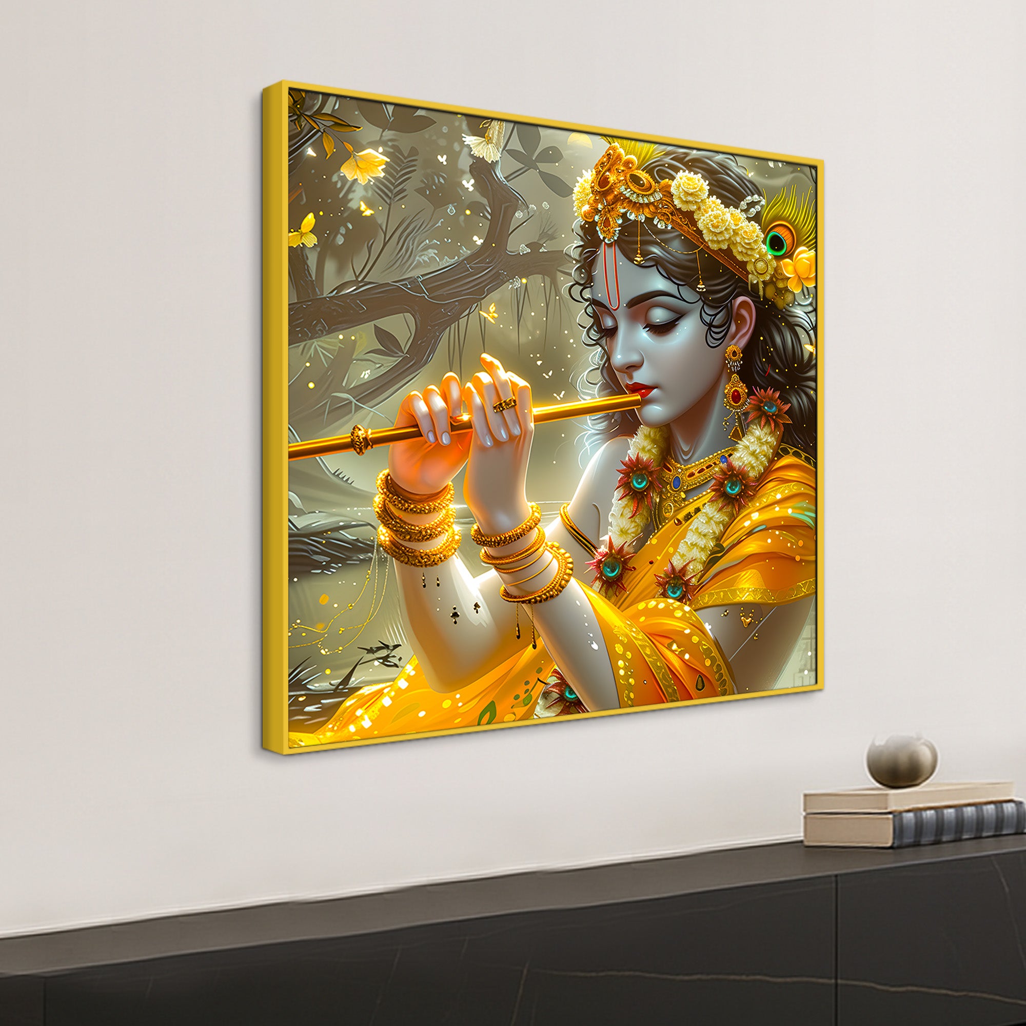 Pleasing Lord Shri Krishna Playing Flute Canvas Wall Painting for Home Temple & Office – Modern Spiritual Wall Decor