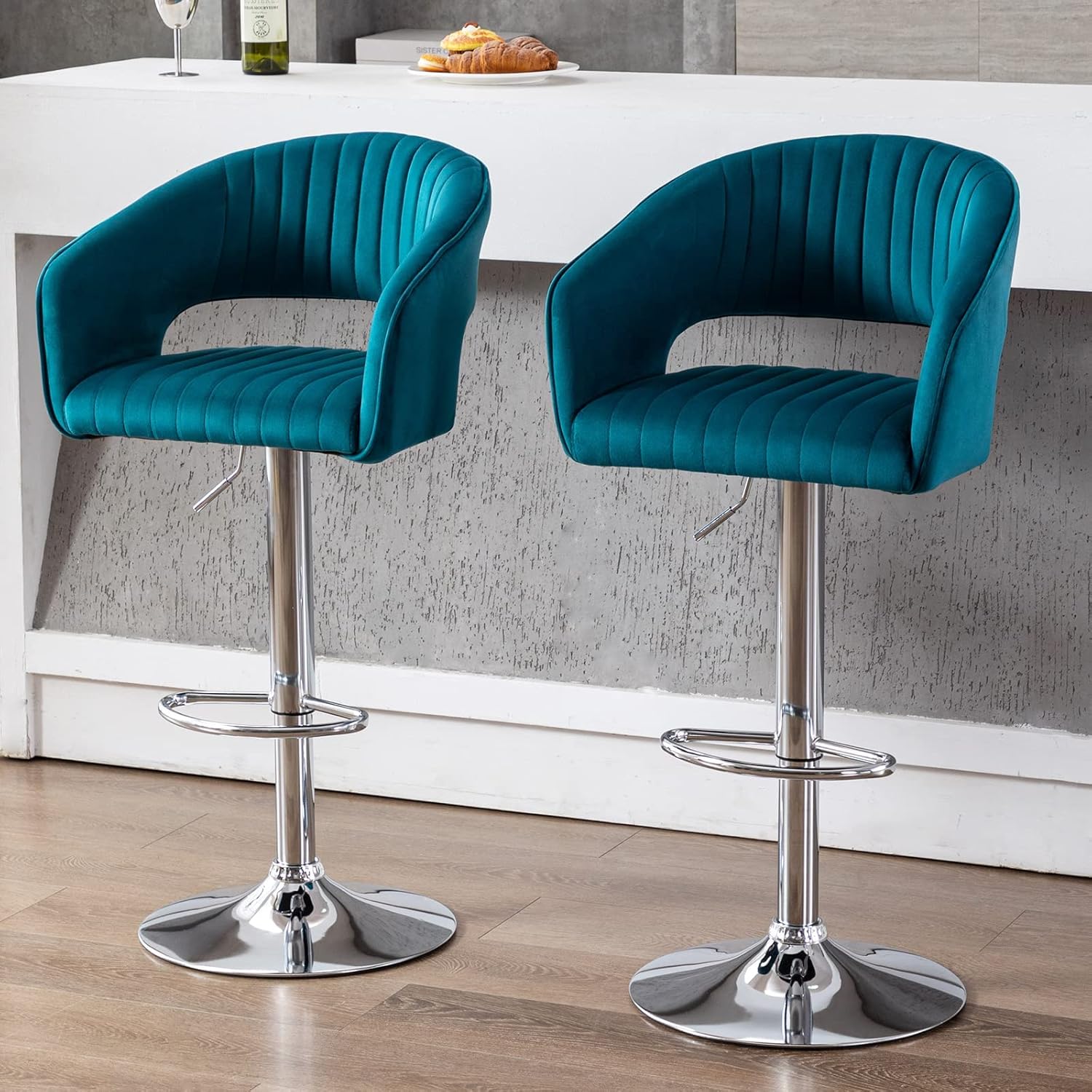 Plush Feel Blue Velvet Adjustable Bar Stool / Long Chair