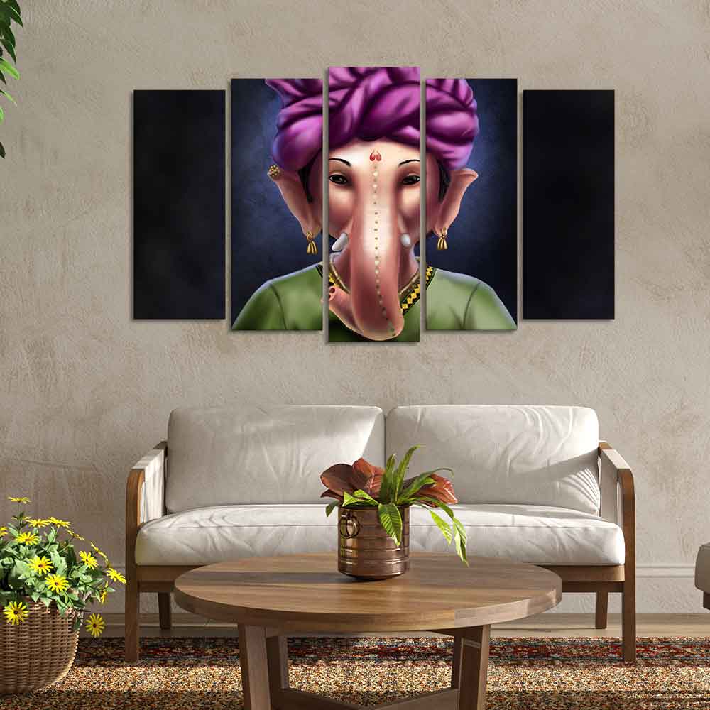 Portrait of Lord Ganesha Canvas Wall Painting Set of Five Pieces