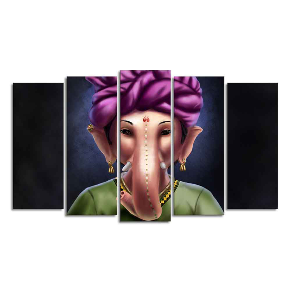 Portrait of Lord Ganesha Canvas Wall Painting Set of Five Pieces