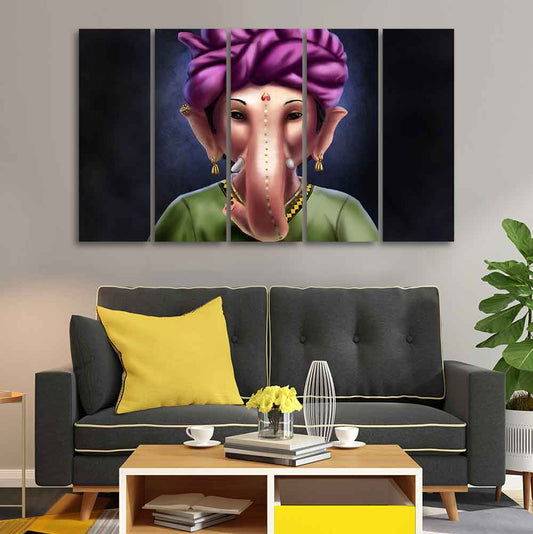 Portrait of Lord Ganesha Canvas Wall Painting of Five Pieces