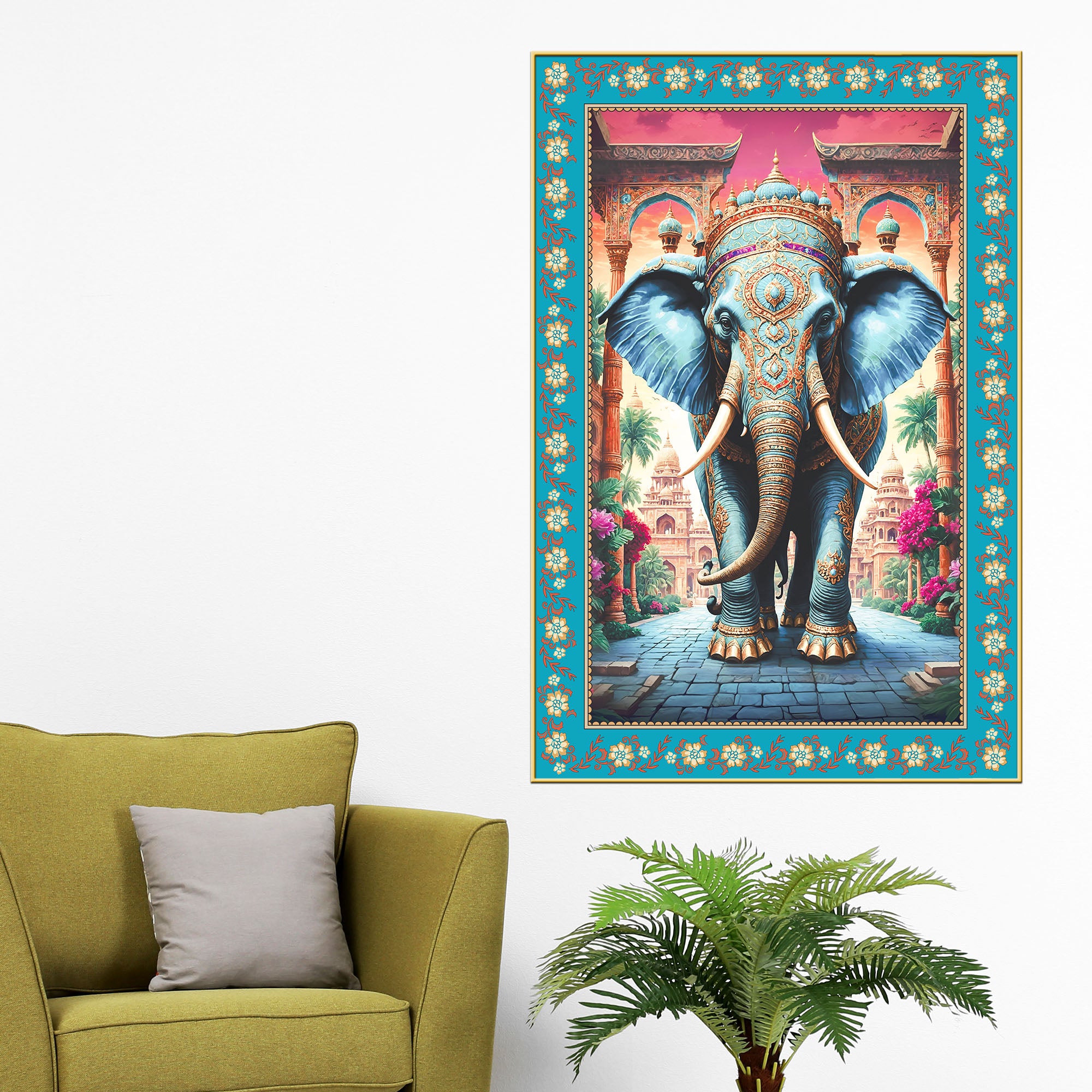 Powerful Gajanan Floral Border Vertical Canvas Wall Painting