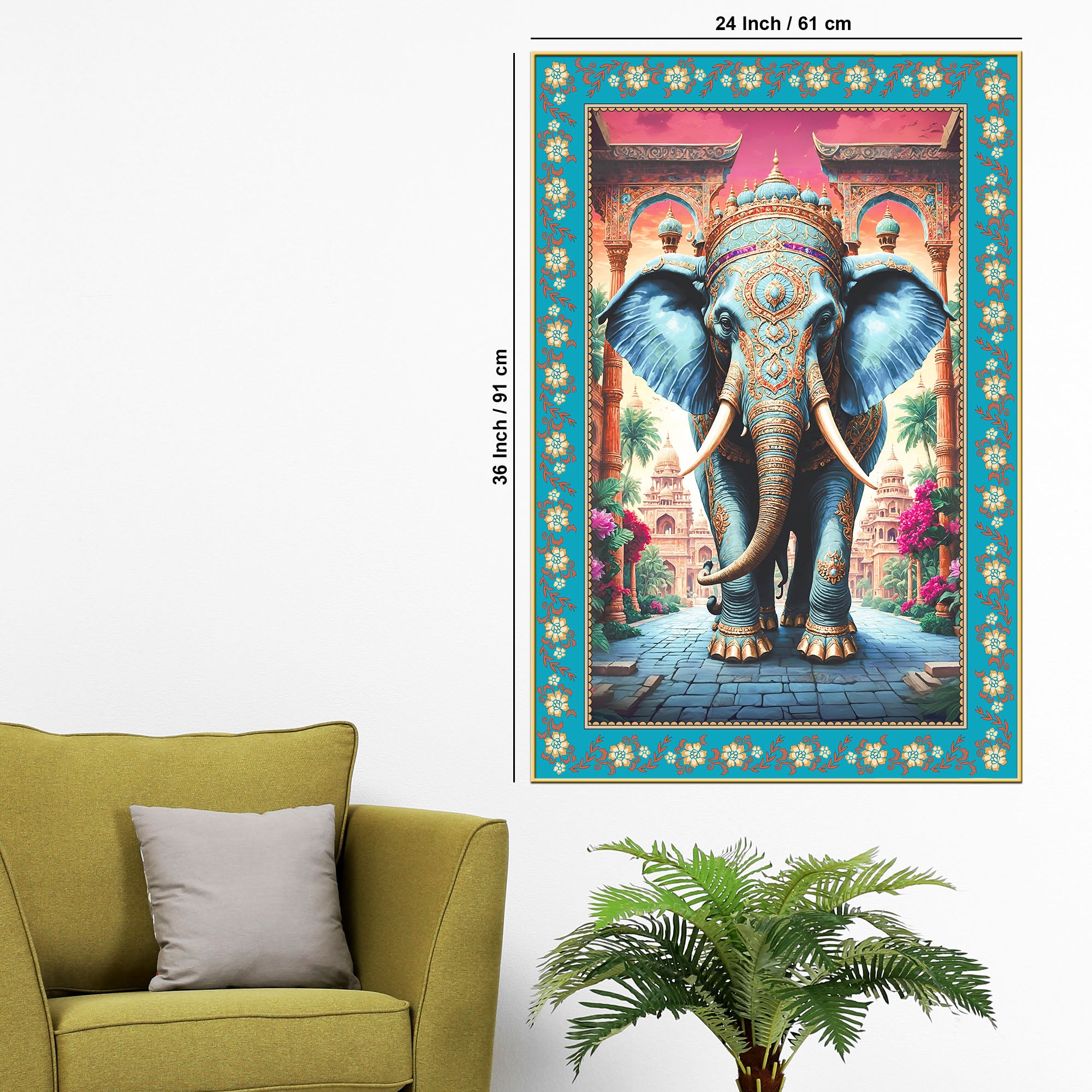 Powerful Gajanan Floral Border Vertical Canvas Wall Painting