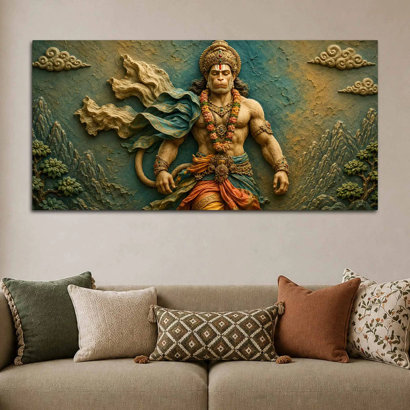 Powerful Lord HanumanJi 3D Bas-Relief Type Canvas Wall Painting