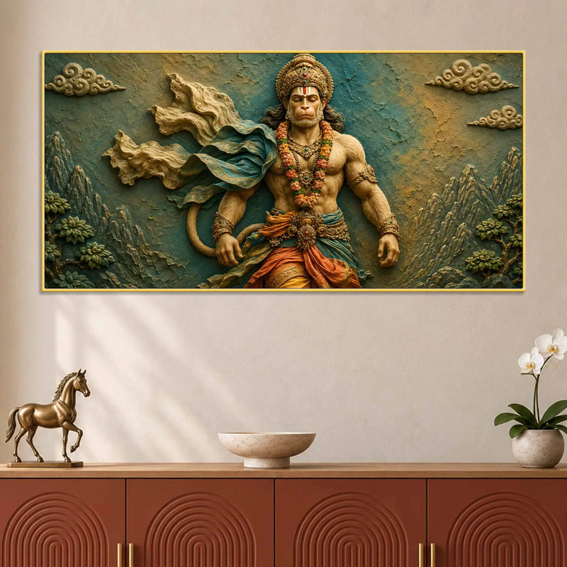 Powerful Lord HanumanJi 3D Bas-Relief Type Canvas Wall Painting