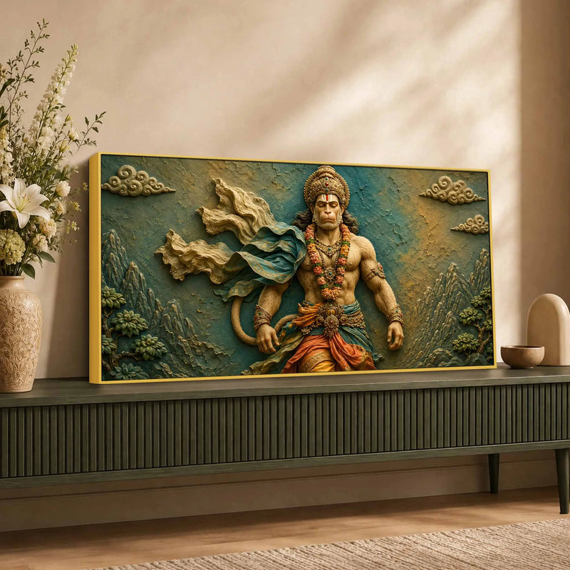 Powerful Lord HanumanJi 3D Bas-Relief Type Canvas Wall Painting