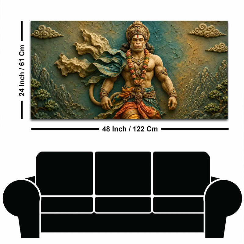 Powerful Lord HanumanJi 3D Bas-Relief Type Canvas Wall Painting