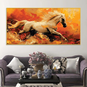 Powerful Running White Horse Canvas Wall Painting