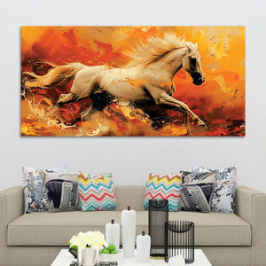 Powerful Running White Horse Canvas Wall Painting