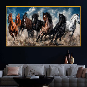 Powerful Seven Horses Crystal Floating Frame Wall Painting