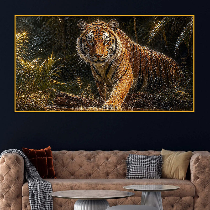 Powerful Tiger in Jungle Floating Frame Crystal Wall Painting