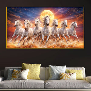 Powerful White Horses Sunset Scene Crystal Glass Wall Art Painting