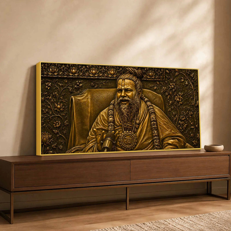 Premanand Ji Maharaj Shree Radha Bhakti Metallic Look 3D Canvas Wall Painting