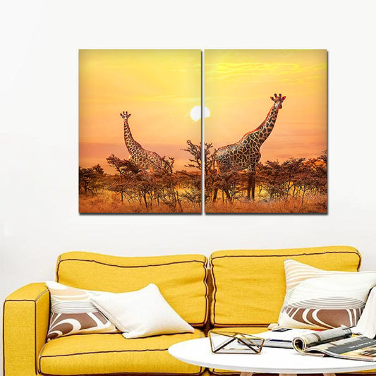 Premium 2 Pieces Wall Painting of Giraffes in Sunset