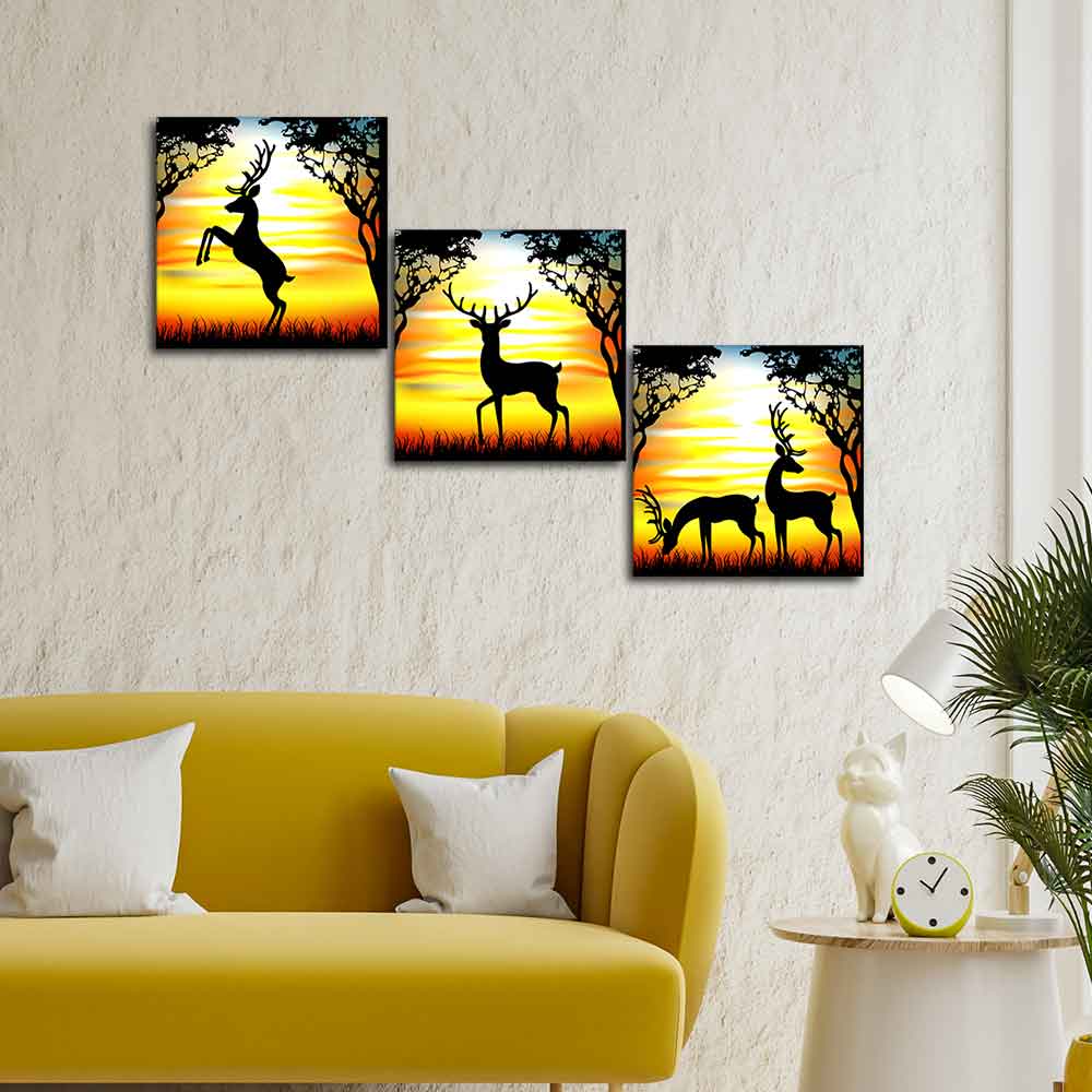 Premium 3 Pieces Wall Painting of Black Deer Silhouette in the Forest