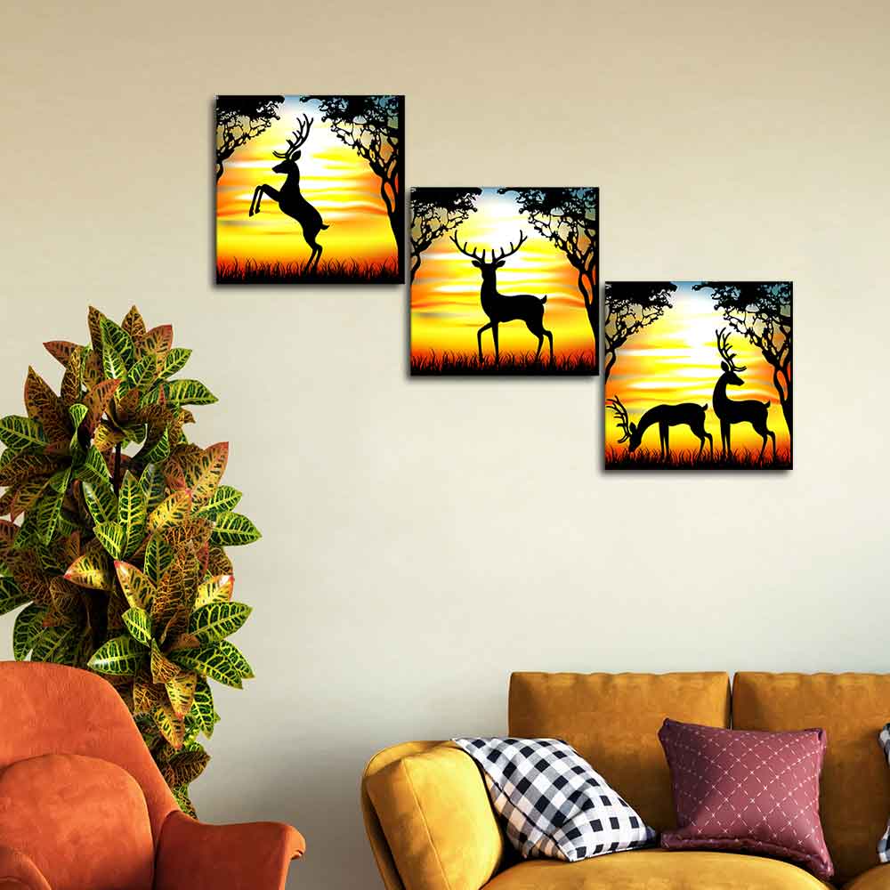 Premium 3 Pieces Wall Painting of Black Deer Silhouette in the Forest