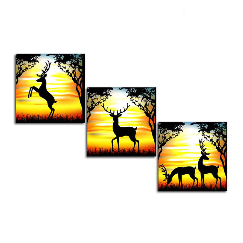 Premium 3 Pieces Wall Painting of Black Deer Silhouette in the Forest
