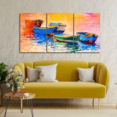 Premium 3 Pieces Wall Painting of Boats in Sunset