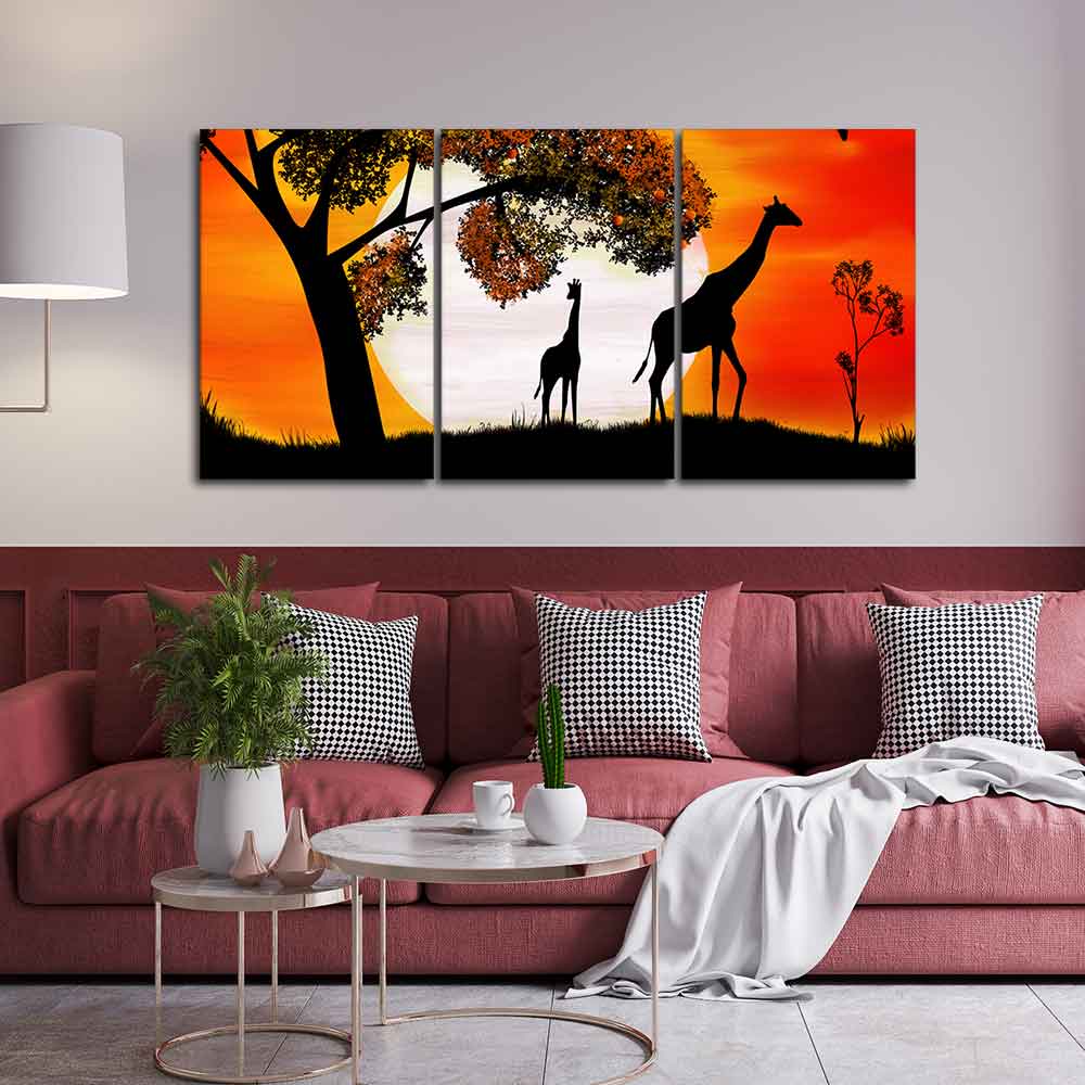 Premium 3 Pieces Wall Painting of Pair of Giraffe under a Tree in Sunset