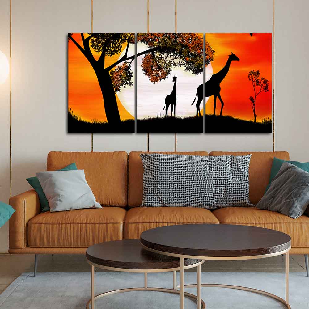 Premium 3 Pieces Wall Painting of Pair of Giraffe under a Tree in Sunset