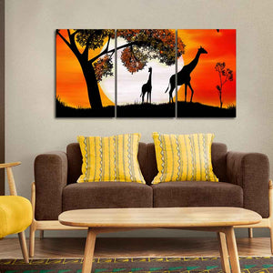 Premium 3 Pieces Wall Painting of Pair of Giraffe under a Tree in Sunset