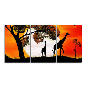 Premium 3 Pieces Wall Painting of Pair of Giraffe under a Tree in Sunset