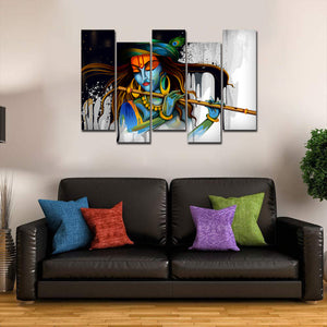 Premium 5 Pieces Abstract Art Wall Painting of Lord Krishn Playing Flute