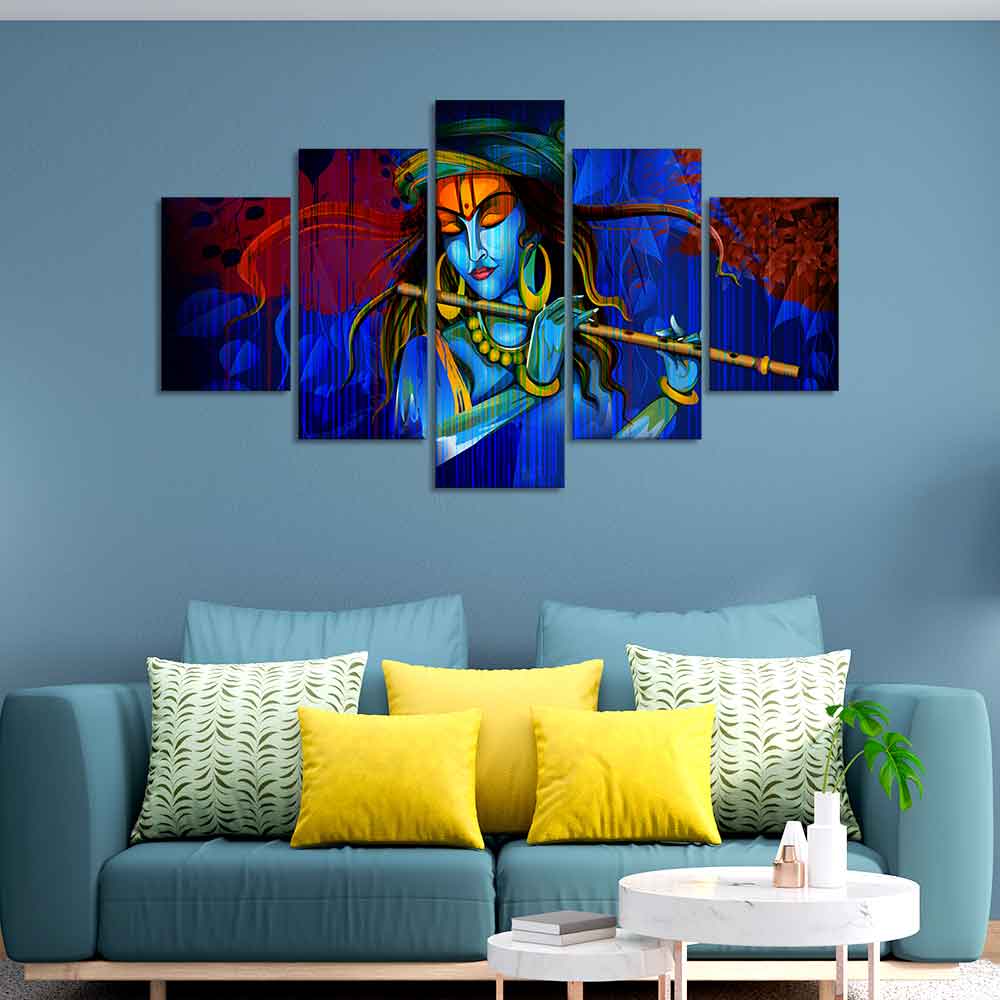 Premium 5 Pieces Wall Painting of Lord Kanha Playing Flute