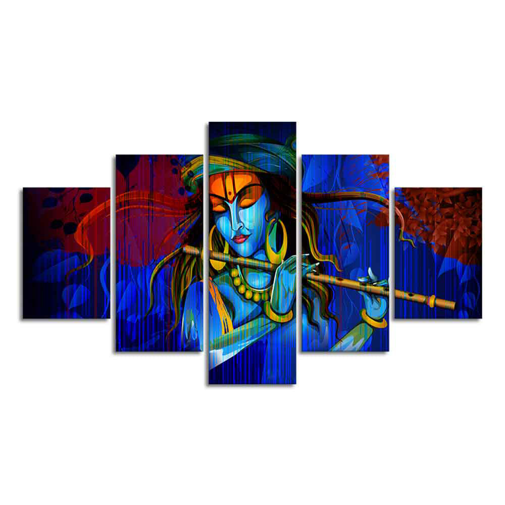 Premium 5 Pieces Wall Painting of Lord Kanha Playing Flute