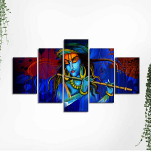 Premium 5 Pieces Wall Painting of Lord Kanha Playing Flute