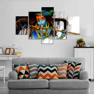 Premium 5 Pieces Wall Painting of Lord Krishna Playing Flute