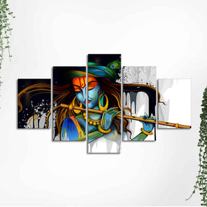 Premium 5 Pieces Wall Painting of Lord Krishna Playing Flute