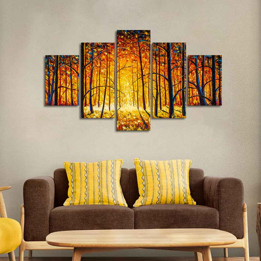 Premium 5 Pieces Wall Painting of Sunny Tree Forest