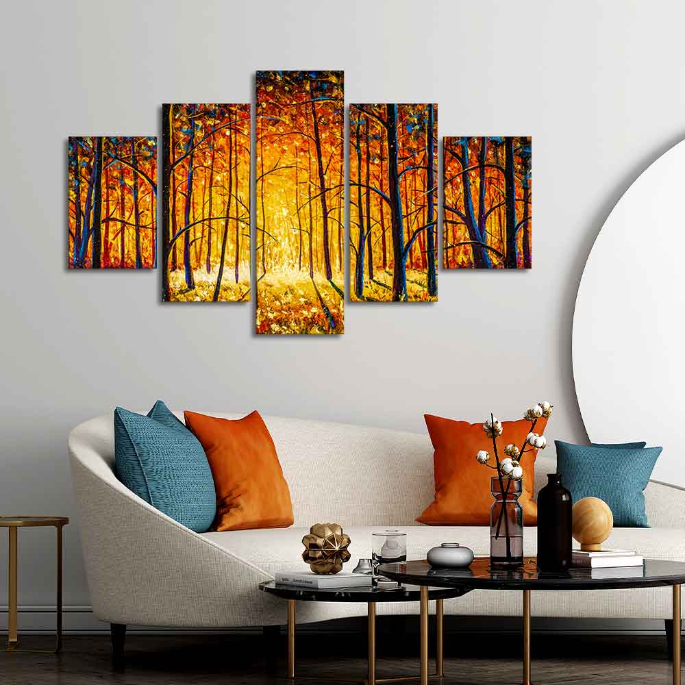 Premium 5 Pieces Wall Painting of Sunny Tree Forest