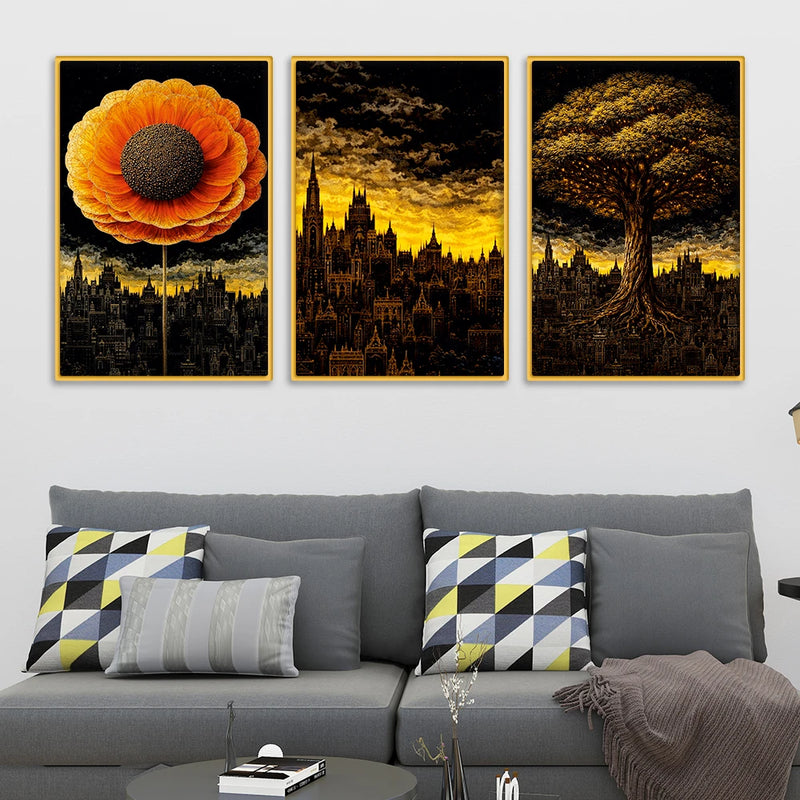 Premium Abstract Cityscape Canvas Wall Decor Painting Set of Three