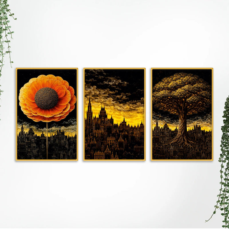 Premium Abstract Cityscape Canvas Wall Decor Painting Set of Three