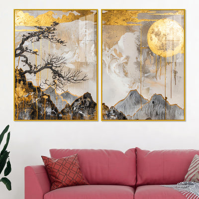 Premium Abstract Mountain Golden Moon Acrylic Floating Wall Painting Set of 2