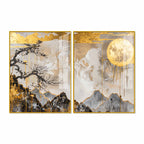 Premium Abstract Mountain Golden Moon Acrylic Floating Wall Painting Set of 2