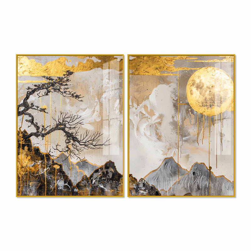 Premium Abstract Mountain Golden Moon Acrylic Floating Wall Painting Set of 2