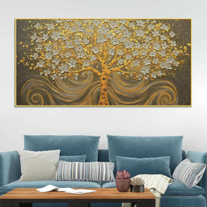 Premium Artistic Golden Blossom Tree Abstract Canvas Wall Painting