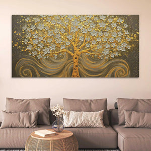 Premium Artistic Golden Blossom Tree Abstract Canvas Wall Painting