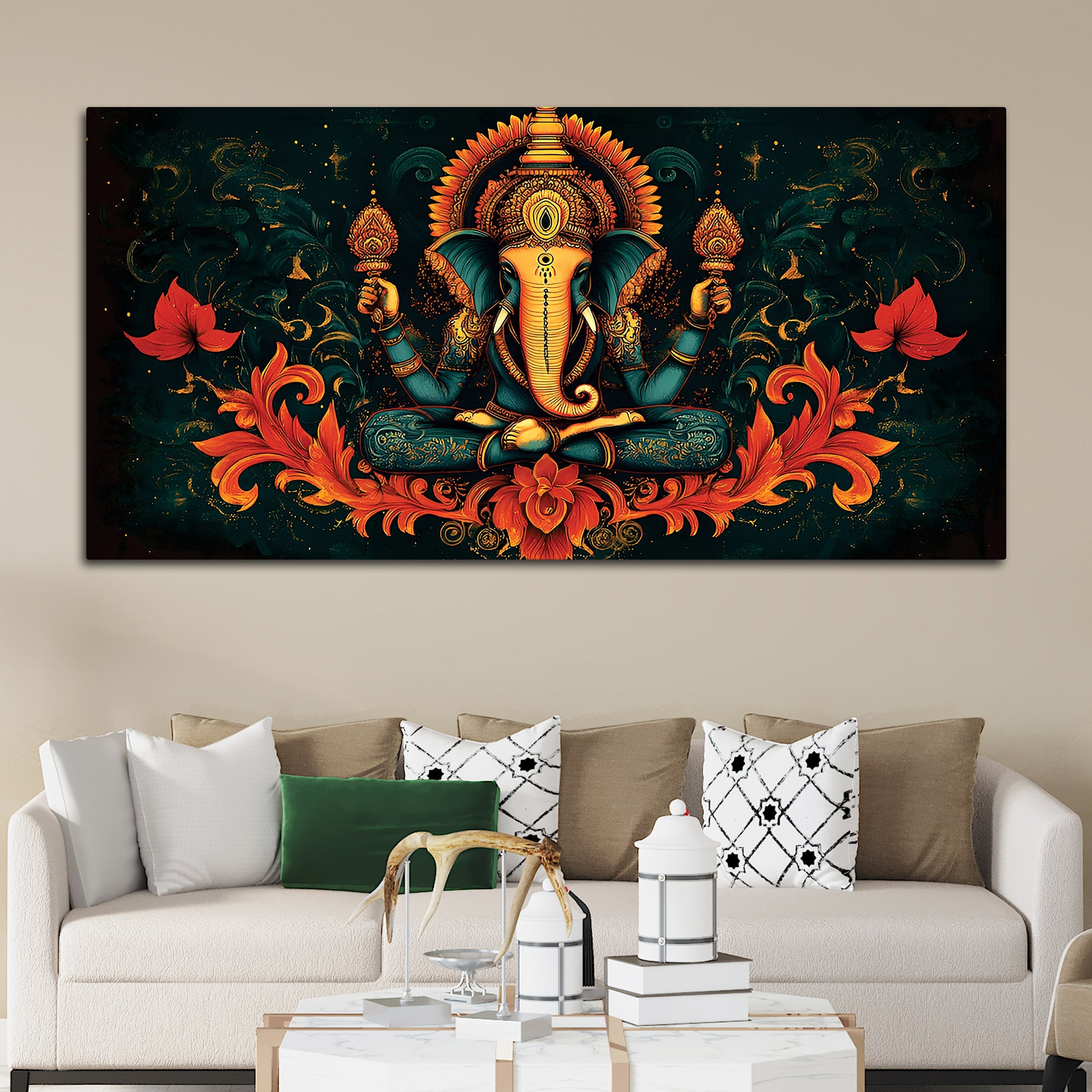 Premium Artistic Lord Ganesha Floral Exclusive Art Canvas Wall Painting for Home & Office Spaces – Modern Religious Wall Art