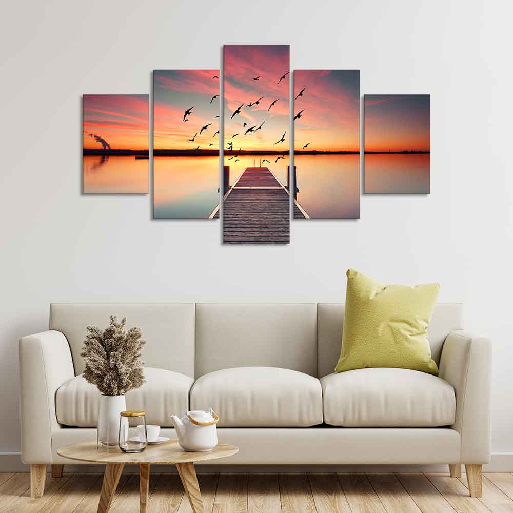 Premium Beautiful Sunset Horizon Canvas wall Painting of Five Pieces