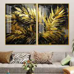 Premium Black and Shiny Gold Palm Leaves Acrylic Floating Wall Painting Set Of 2